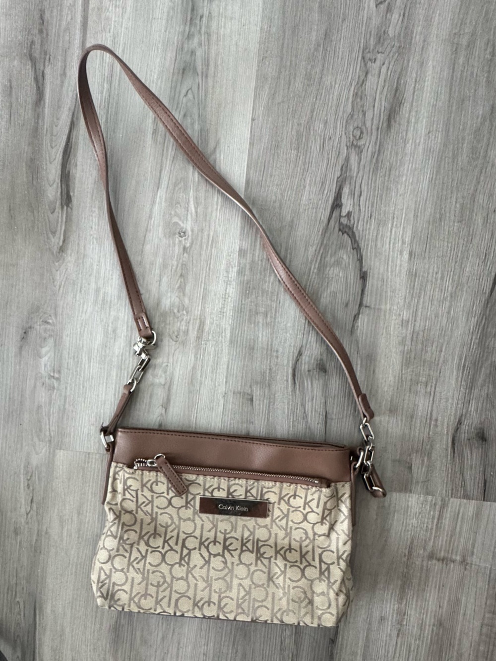 Calvin Klein Cream CK Logo Crossbody with Brown Trim